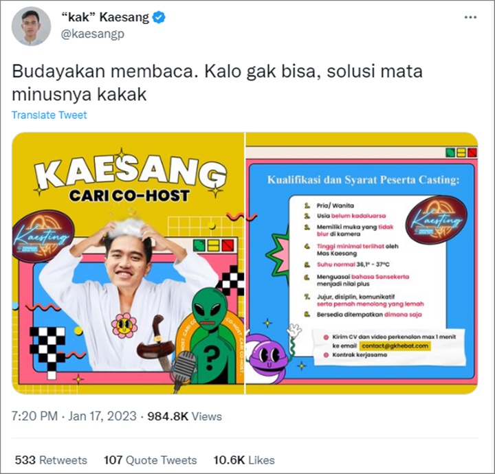 Kaesang Pangarep Buka Lowongan Pekerjaan, Syarat dan Kualifikasinya Anti Mainstream
