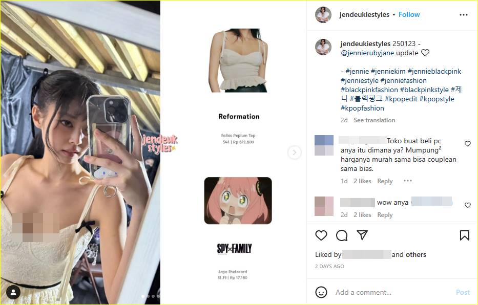 info item milik Jennie BLACKPINK di Instagram