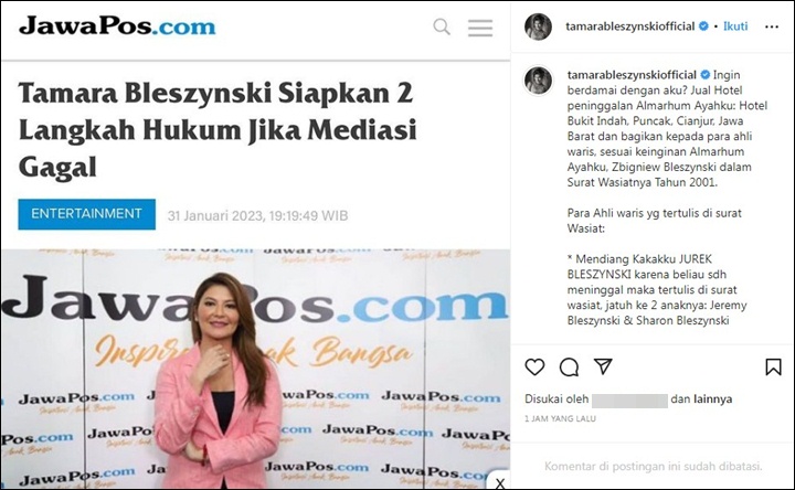 Tamara Bleszynski Ngaku Tak Takut, Sudah Siapkan Langkah Hukum Jika Mediasi Dengan Kakak Gagal