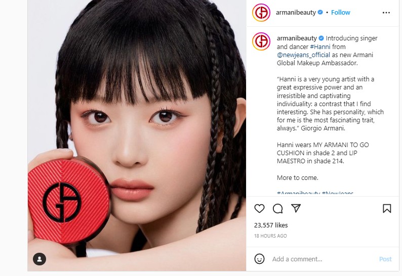 Giorgio Armani Beauty Ungkap Alasan Tunjuk Hanni NewJeans Sebagai Global Ambassador