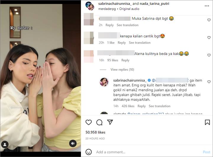 Sabrina Chairunnisa Beri Pelajaran ke Netizen Usai Warna Kulitnya dan Nada Tarina Dibandingkan