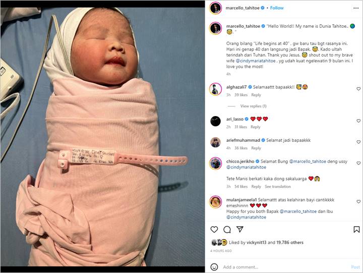 Ello Dikaruniai Anak Pertama Tepat Saat Ultah ke-40, Sang Buah Hati Dinamai Dunia Tahitoe