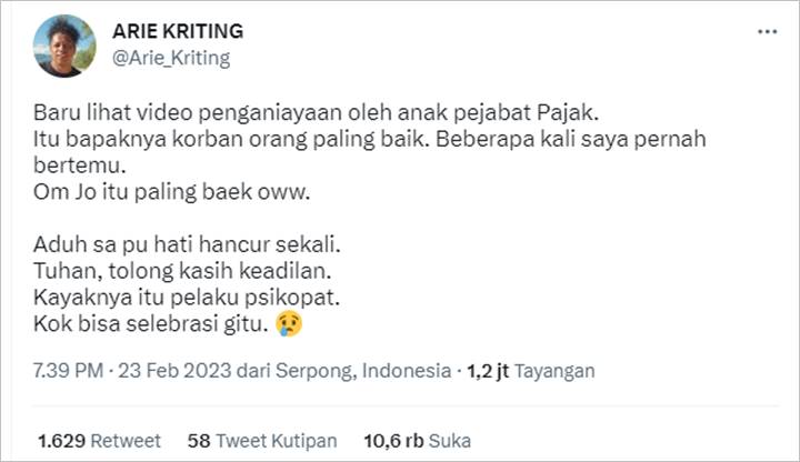 Arie Kriting Sedih Lihat Video Penganiayaan oleh Anak Oknum Pejabat, Sentil Aksi Selebrasi Pelaku