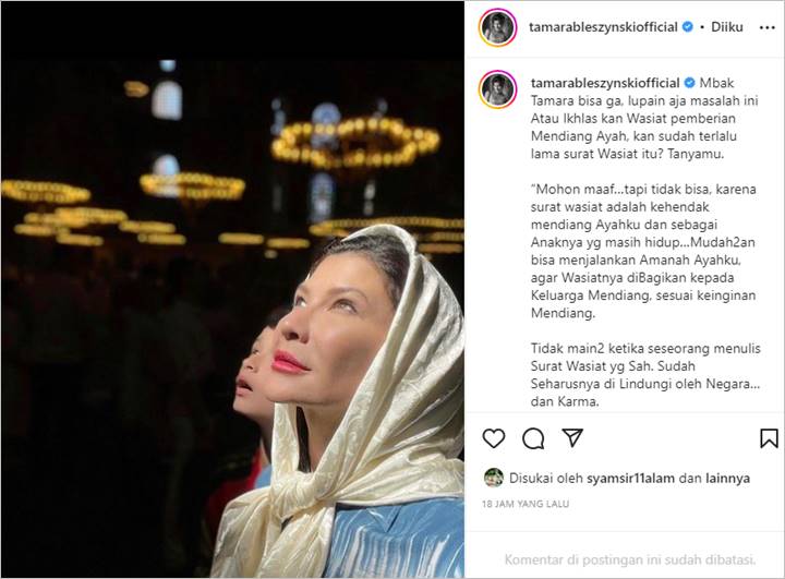 Diminta Ikhlaskan Soal Wasiat Sang Ayah, Jawaban Tamara Bleszynski Tuai Acungan Jempol