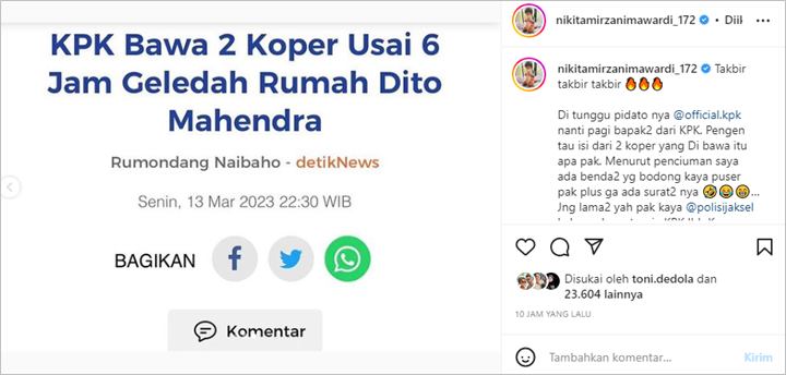 Nikita Mirzani Girang Tahu Rumah Dito Mahendra Digeledah KPK, Singgung Soal Isi 2 Koper yang Disita