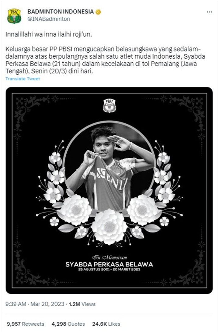Pebulutangkis Syabda Perkasa Belawa Meninggal Dunia di Usia 21 Tahun Karena Kecelakaan