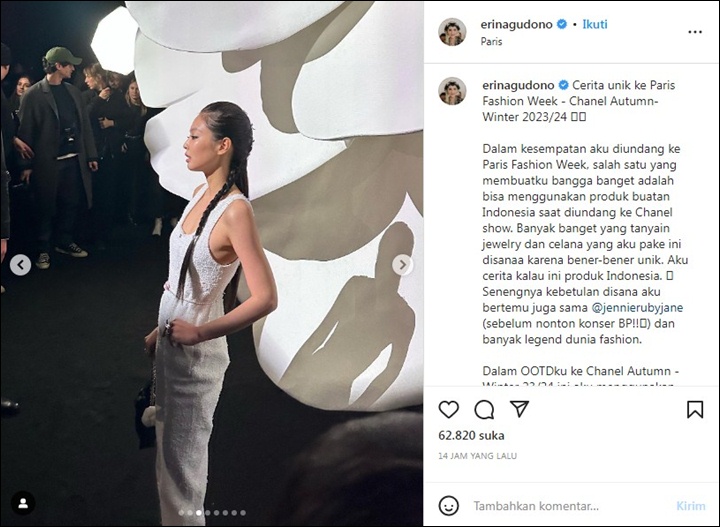 Erina Gudono Bagikan Pengalaman Ketemu Jennie BLACKPINK di Paris Fashion Week