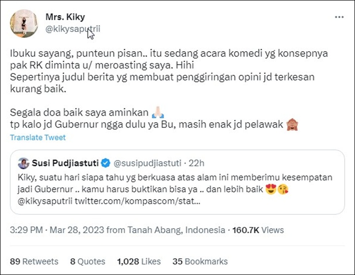 Didukung Susi Pudjiastuti Jadi Gubernur, Kiky Saputri: Enggak Dulu Bu