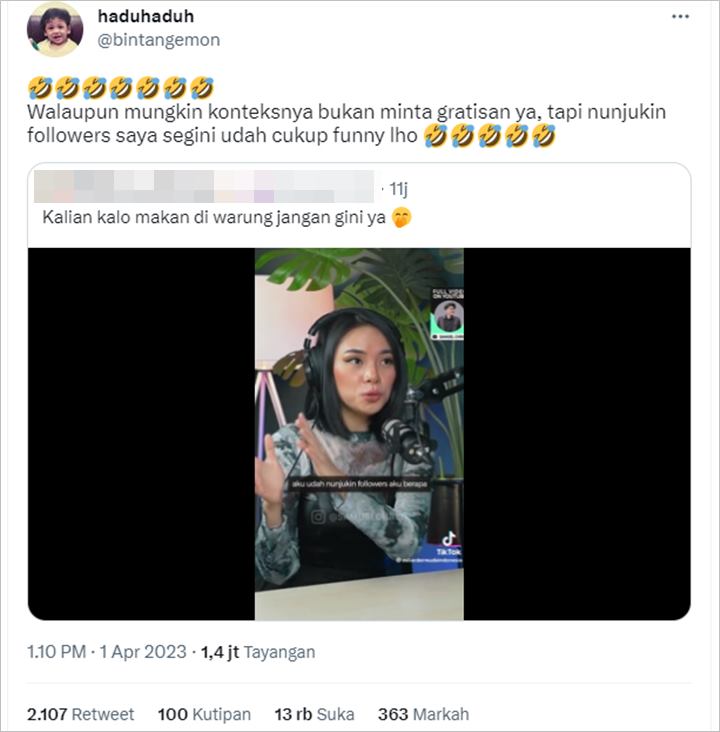 Bintang Emon Soroti Hal Lucu dari Curhatan Food Vlogger Mgdalenaf yang Viral