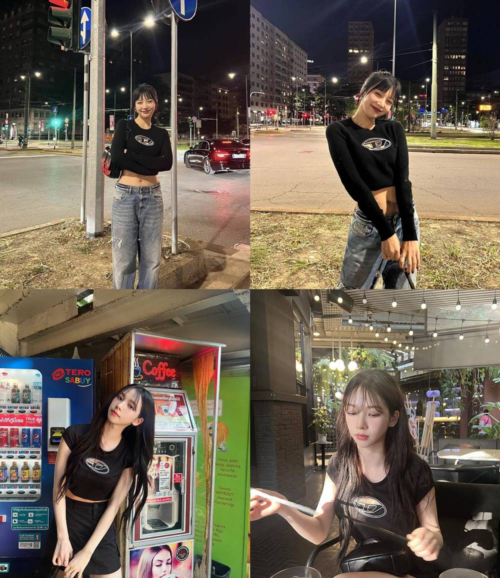 Joy Red Velvet dan Karina aespa memakai pakaian sama