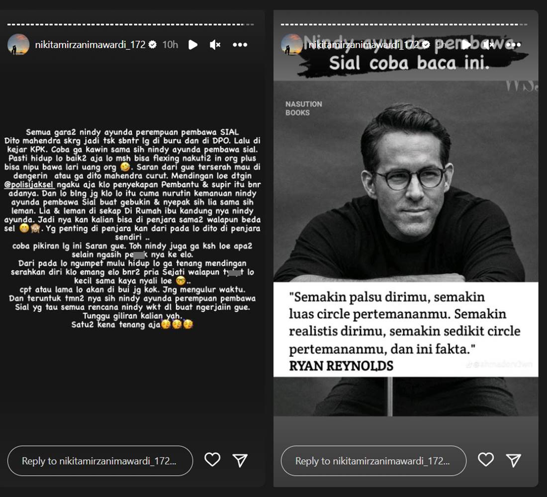 Nikita Mirzani menuliskan pesan untuk Nindy Ayunda
