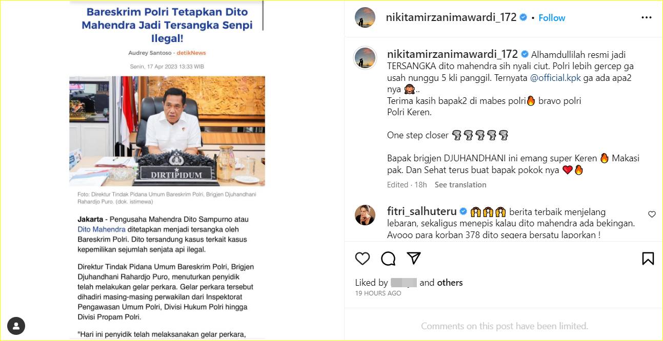Nikita Mirzani menyoroti pemberitaan Dito Mahendra menjadi tersangka
