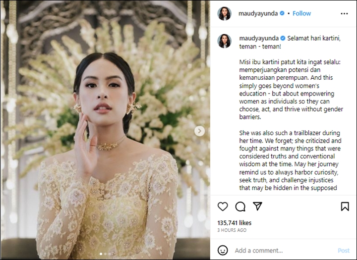 Elegan Berkebaya, Maudy Ayunda Bongkar Perilaku Kartini di Masa Lalu