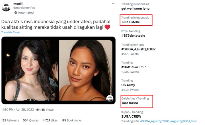 Trending, Tara Basro dan Julie Estelle Tuai Perdebatan Usai Disebut Aktris Underrated