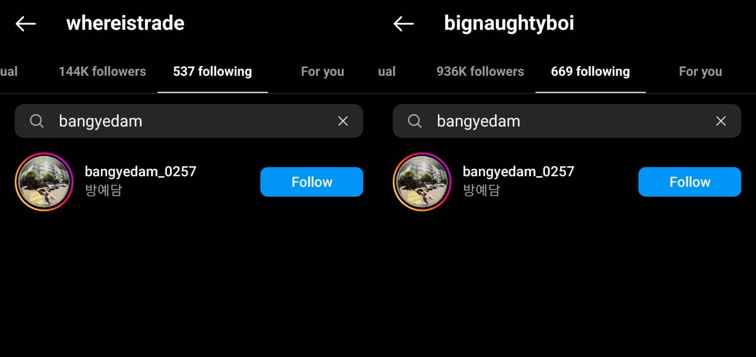 Trade L dan Big Naughty follow Instagram Bang Ye Dam eks TREASURE