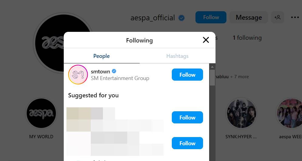 akun Instagram aespa belum follow member aespa