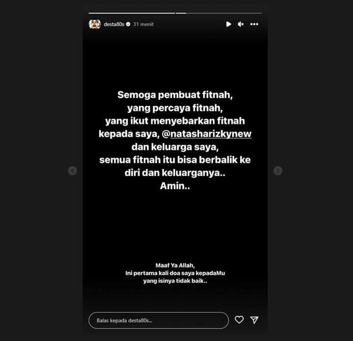 Tak Lagi Diam, Desta Sentil Pembuat Fitnah Tentang Dirinya dan Natasha Rizy Lewat Doa