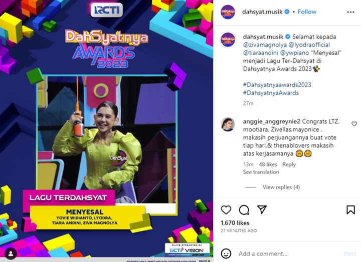 Ziva Magnolya Pakai Busana Jreng Saat Terima Piala di Dahsyatnya Awards 2023