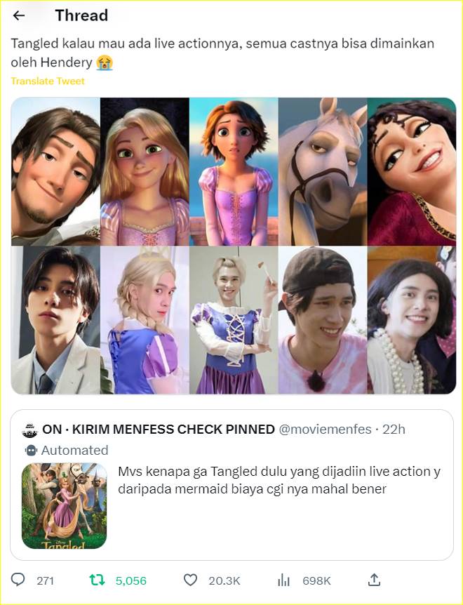 Hendery WayV/NCT disebut cocok memerankan semua karakter film Rapunzel