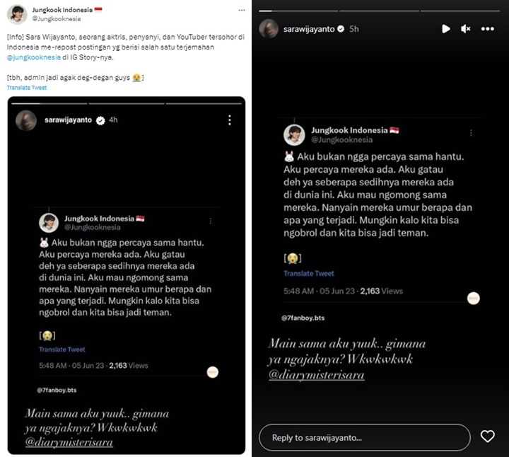 Sara Wijayanto Viral di Twitter Usai Notice Curhatan Jungkook BTS yang Ingin Lihat Hantu