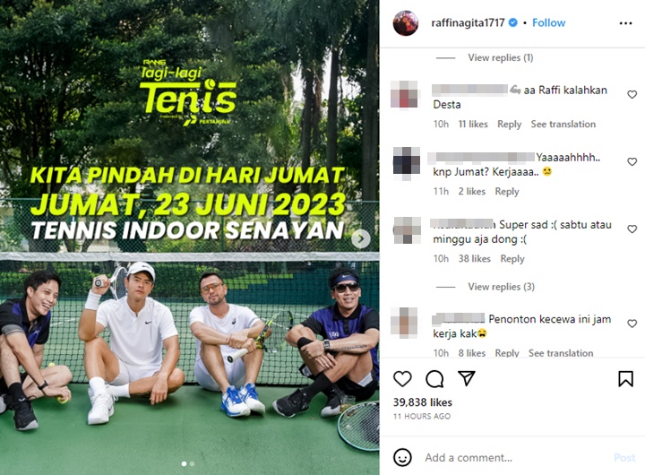 Raffi Ahmad Kabarkan Pertandingan \'Lagi Lagi Tenis\' Dimajukan, Tuai Kekecewaan
