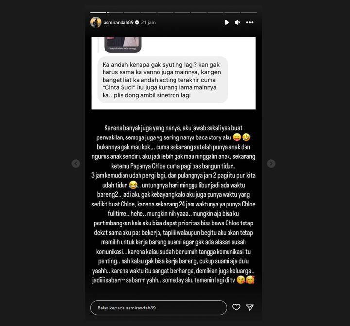 Asmirandah Jawab Desakan Agar Muncul di Layar Kaca TV Lagi, Paparkan Pertimbangannya