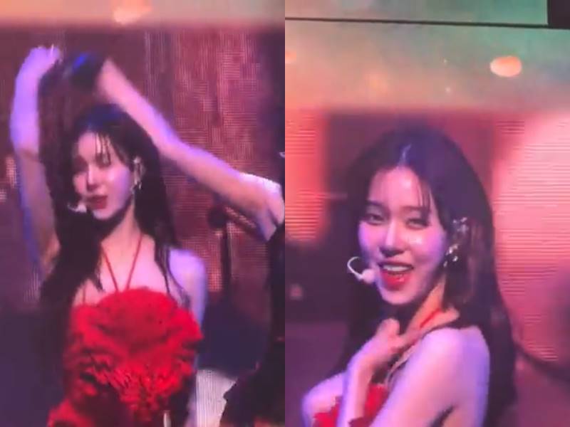 Winter aespa tertawa karena rambutnya ikut tertarik tangan Karina