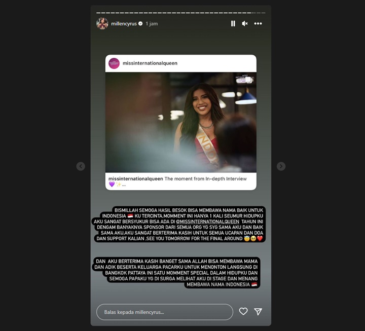 Millen Cyrus Ikut Miss International Queen, Bahagia Ditonton Sang Ibu dan Keluarga Lionel Lee