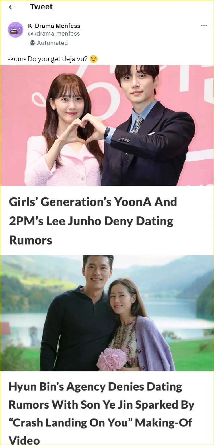 Jawaban lama Hyun Bin atas rumor tengah pacaran dengan Son Ye Jin dibandingin dengan jawaban pihak YoonA SNSD dan Junho 2PM
