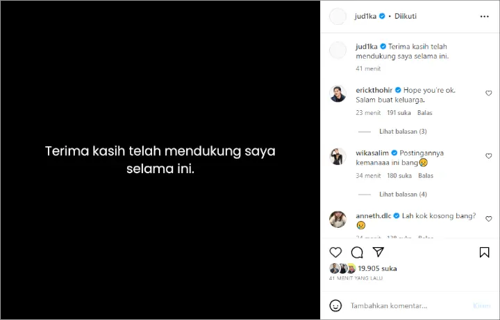 Judika Bikin Gempar Mendadak Isyaratkan Perpisahan, Akun Instagram Kosong