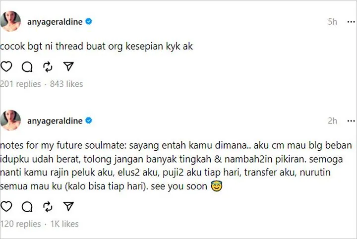 Sambat Kesepian, Anya Geraldine Beri Pesan Untuk Soulmate-nya di Masa Depan