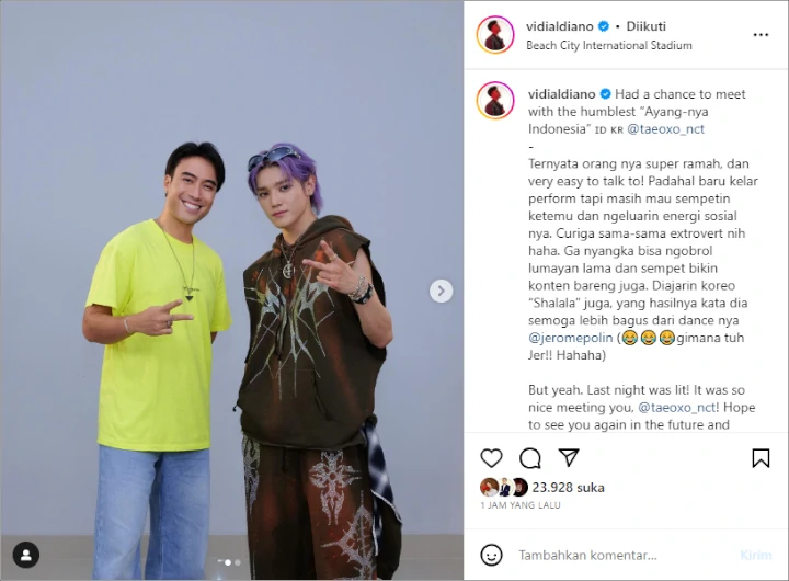 Vidi Aldiano Si \'Duta Persahabatan\' Ketemu Langsung Taeyong NCT, Puji Super Ramah dan Humble