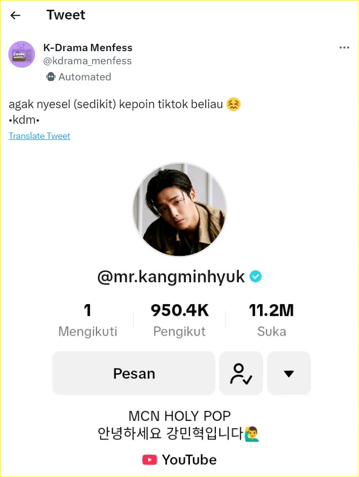 konten TikTok Kang Min Hyuk dikepoi para penggemar