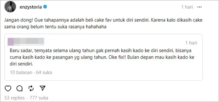 Kebiasaan Enzy Storia Kala Sambut Hari Ulang Tahunnya Mendadak Jadi Inspirasi