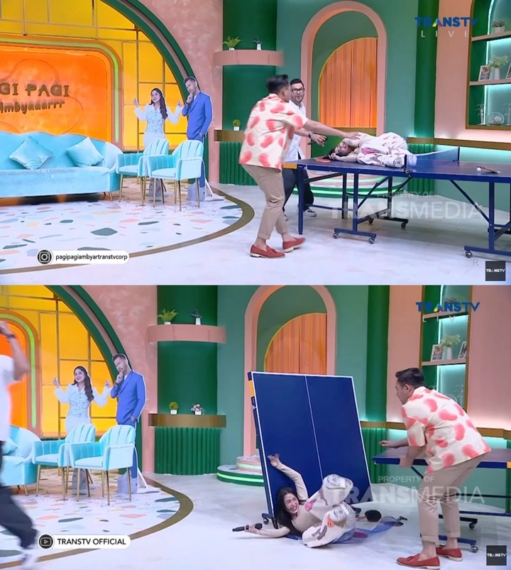Banyak Tingkah, Dewi Persik Kejengkang Usai Naik ke Atas Meja Pingpong