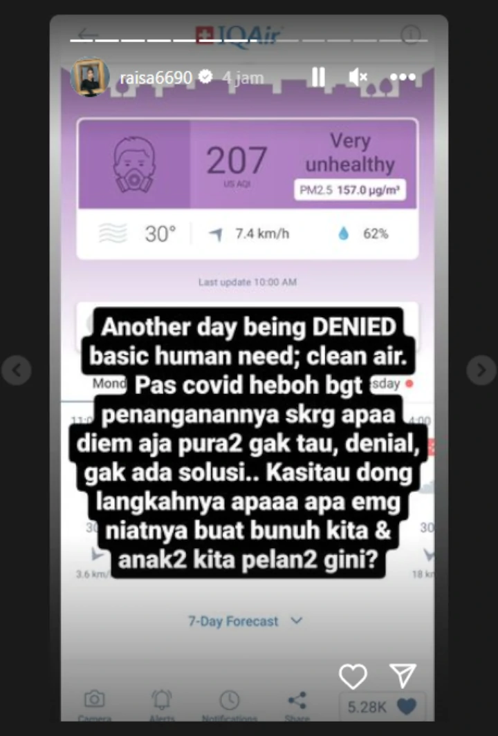 Emosi Lihat Kualitas Udara Buruk, Raisa: Apa Emang Niatnya Buat Bunuh Kita Pelan-pelan?