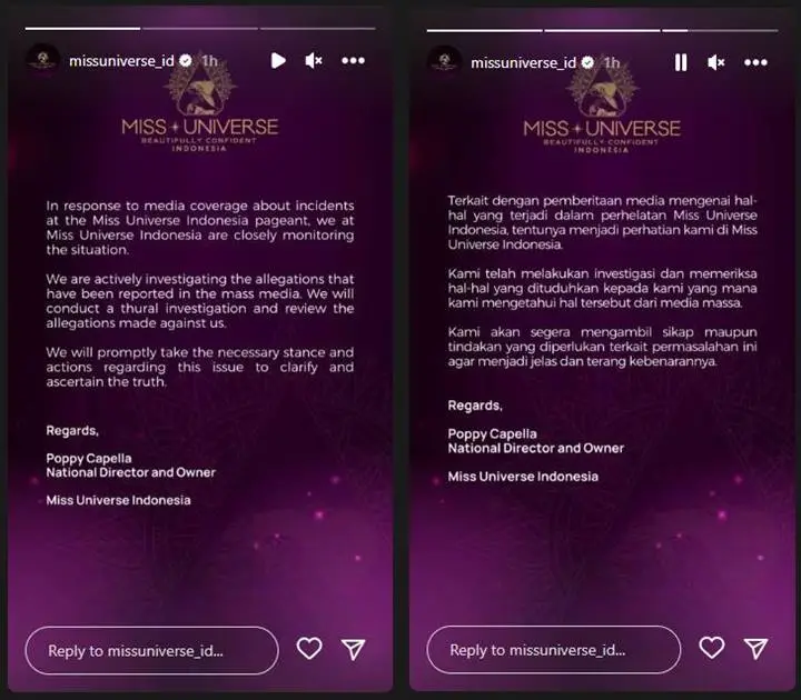 Tanggapi Tudingan yang Muncul, Pihak Miss Universe Indonesia Lakukan Investigasi