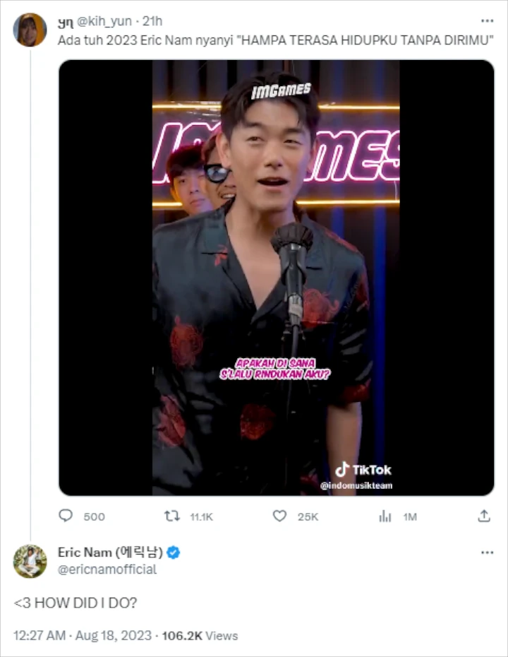 Eric Nam Fasih Nyanyi Lagu Ari Lasso Langsung Ramai Ditagih \'Hampa\' Versi Full