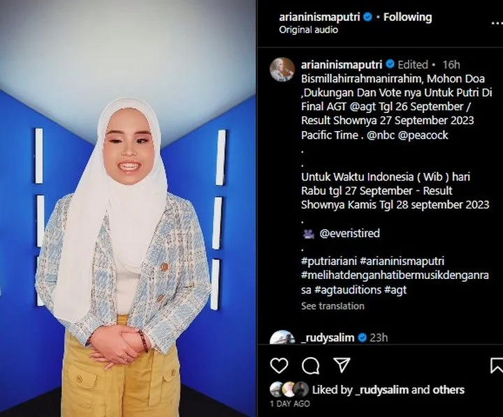 Putri Ariani Minta Dukungan Vote AGT 2023