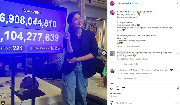 UMKM Merana, Baim Wong Malah Pamer Omzet Rp9 M dalam Sekali Live TikTok