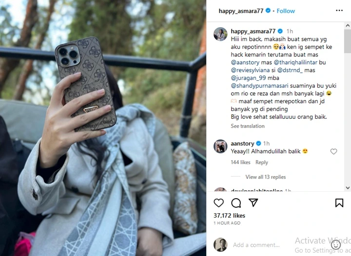 IG Akhirnya Balik, Happy Asmara Bongkar Jasa Thariq Halilintar Saat Akunnya Kena Hack