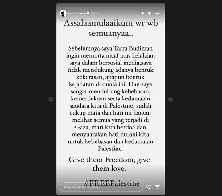 Tarra Budiman Minta Maaf Usai Keciduk Like Postingan Gal Gadot, Tegaskan Dukungannya untuk Palestina