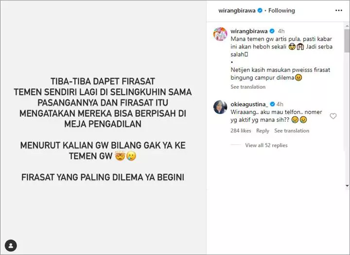 Wirang Birawa Dapat Firasat Soal Nasib Teman Artis yang Diselingkuhi