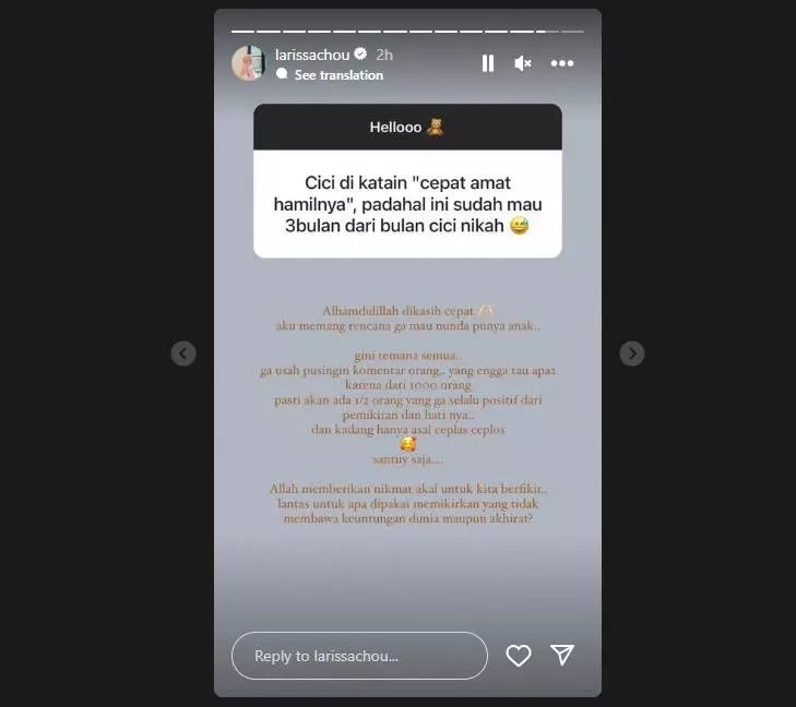 Larissa Chou Angkat Bicara Saat Kehamilannya Dinilai Terlalu Cepat