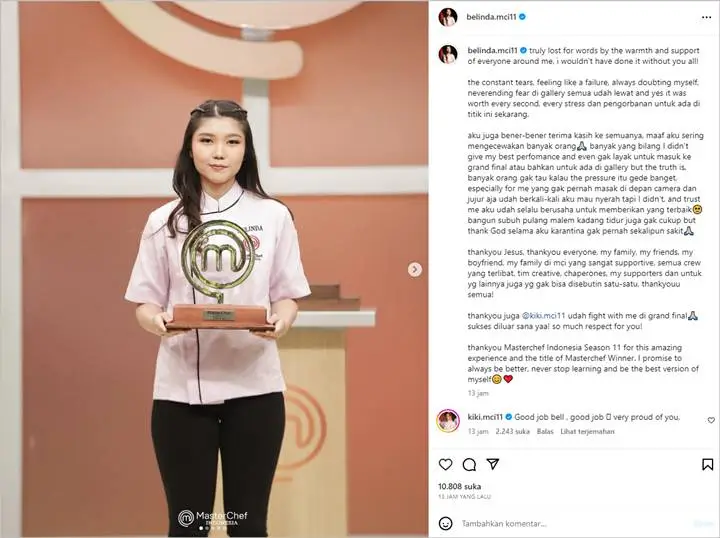 Belinda Juara MasterChef Indonesia Season 11 Jawab Penilaian Tak Layak Masuk Grand Final