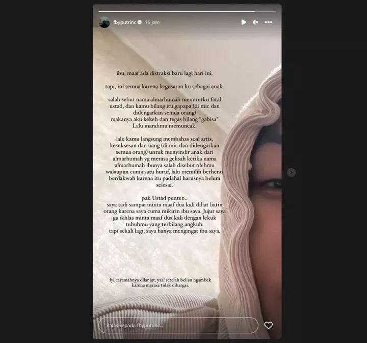 Feby Putri Gusar usai Insiden Nama Almarhumah Ibu Salah Disebut