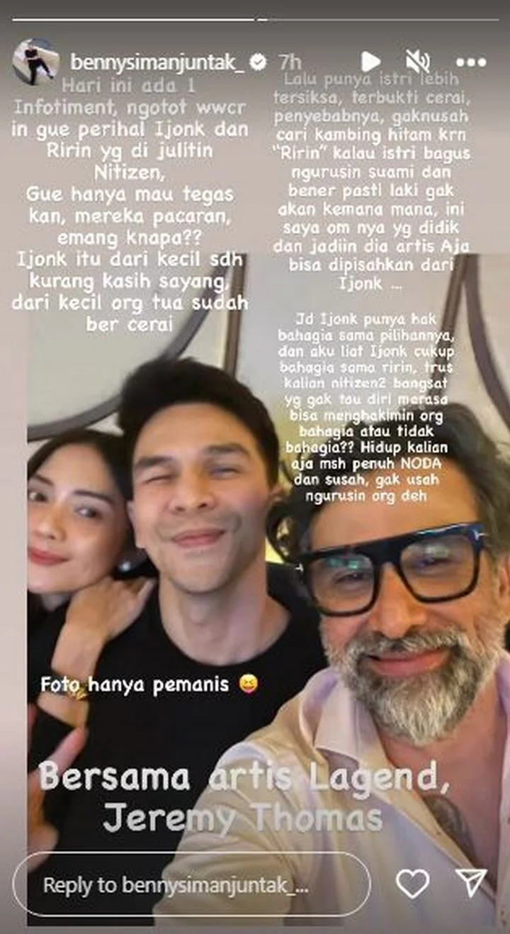 Benny Simanjuntak Sentil Menohok Haters yang Nyinyir Soal Foto Mesra Ririn Dwi Ariyanti dan Jonathan Frizzy
