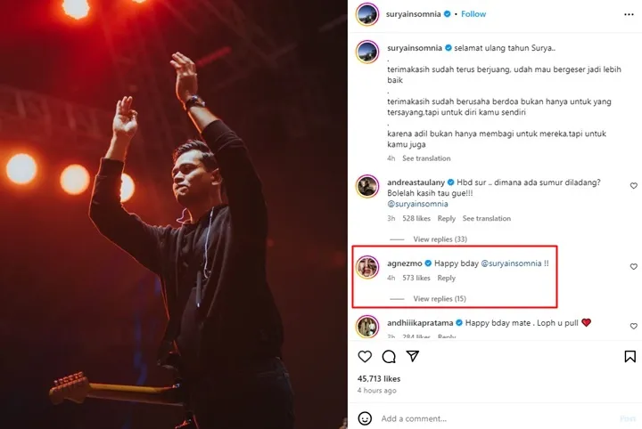 Agnez Mo Tiba-Tiba Beri Ucapan Selamat Ultah untuk Surya Insomnia
