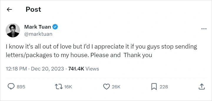 Mark Tuan GOT7 pinta para penggemar tidak mengirimkan surat atau hadiah ke rumahnya