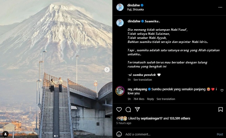 Dinda Hauw Tulis Pesan Romantis untuk Rey Mbayang